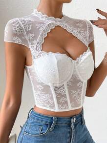 SHEIN Holidaya Top corto de encaje con escote recortado para fiestas y eventos - Blanco - Ver 6