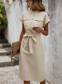 SHEIN Clasi 翻蓋口袋繫腰帶連衣裙 - 杏色 - 查看 1