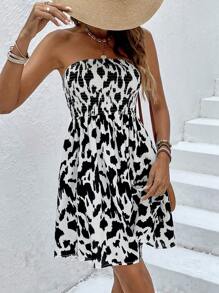 SHEIN VCAY Allover Print Shirred Detail Dress - White - View 1