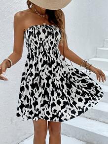 SHEIN VCAY Allover Print Shirred Detail Dress - White - View 4