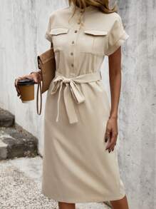 SHEIN Clasi 翻蓋口袋繫腰帶連衣裙 - 杏色 - 查看 3