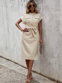 SHEIN Clasi 翻蓋口袋繫腰帶連衣裙 - 杏色 - 查看 4