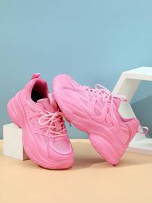 甜粉色女式厚底運動鞋，休閒運動和步行鞋，加厚鞋底為您帶來舒適感和高度 - 粉色 - 查看 4