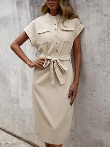 SHEIN Clasi 翻蓋口袋繫腰帶連衣裙 - 杏色 - 查看 5