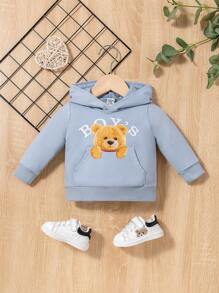 男婴熊印花袋鼠口袋卫衣 - 藍色 - 查看 1