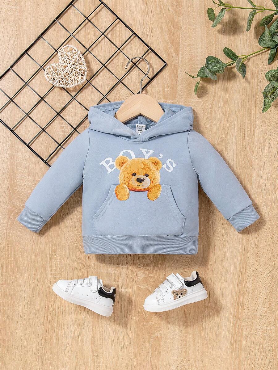 男婴熊印花袋鼠口袋卫衣 - 藍色 - 查看 1