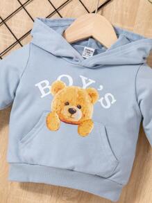 男婴熊印花袋鼠口袋卫衣 - 藍色 - 查看 3