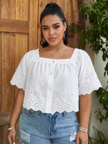 SHEIN VCAY Plus Square Neck Button Front Scallop Trim Schiffy Blouse - White - View 1
