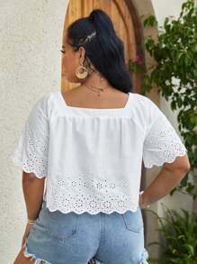 SHEIN VCAY Plus Square Neck Button Front Scallop Trim Schiffy Blouse - White - View 2