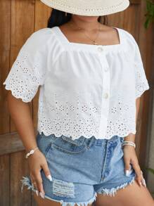 SHEIN VCAY Plus Square Neck Button Front Scallop Trim Schiffy Blouse - White - View 4