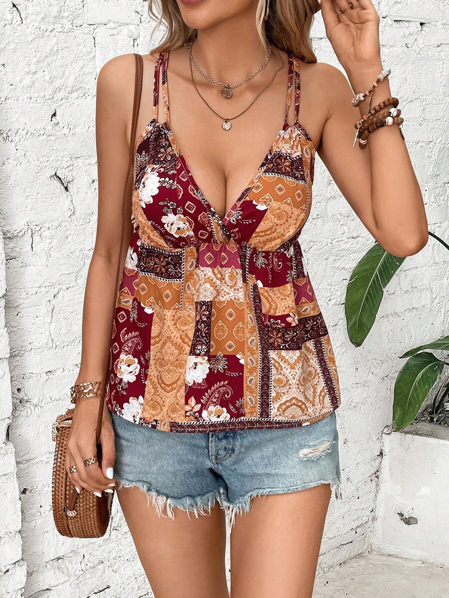 SHEIN VCAY 撞色拼接圖案露背交叉吊帶上衣 - 彩色 - 查看 1