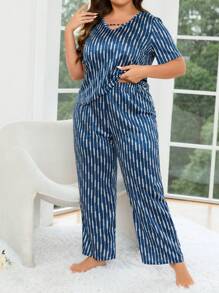 Plus Striped Print PJ Set / Pyjamas Set - Blå - Visa 6