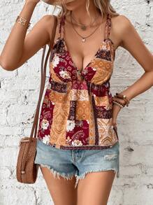 SHEIN VCAY 撞色拼接圖案露背交叉吊帶上衣 - 彩色 - 查看 3