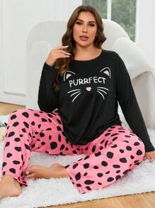 Plus Cartoon & Letter Graphic Tee & Trousers PJ Set - Multicolor - View 1