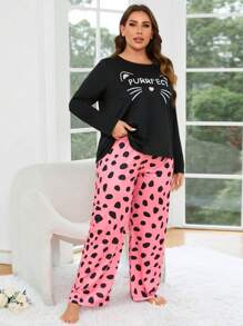 Plus Cartoon & Letter Graphic Tee & Trousers PJ Set - Multicolor - View 4
