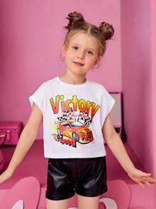 SHEIN 女小童汽車和字母圖案蝙蝠袖T恤 - 白色 - 查看 3