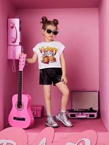 SHEIN 女小童汽車和字母圖案蝙蝠袖T恤 - 白色 - 查看 4