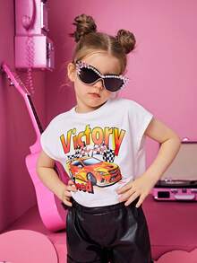 SHEIN 女小童汽車和字母圖案蝙蝠袖T恤 - 白色 - 查看 5