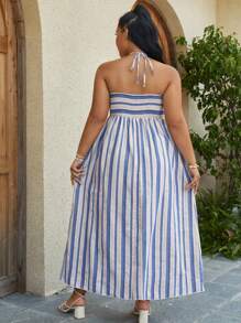 SHEIN VCAY Plus Striped Print Tie Backless Halter Dress - Blue and White - View 2