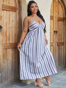 SHEIN VCAY Plus Striped Print Tie Backless Halter Dress - Blue and White - View 3