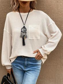 SHEIN LUNE 素色落肩袖口袋貼布華夫格編織T恤 - 杏色 - 查看 2