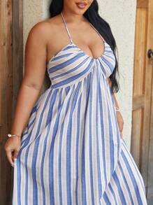 SHEIN VCAY Plus Striped Print Tie Backless Halter Dress - Blue and White - View 5