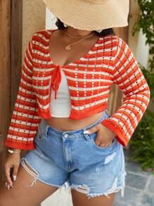 SHEIN VCAY Plus Plaid Pattern Tie Front Crop Cardigan - Multicolor - View 1