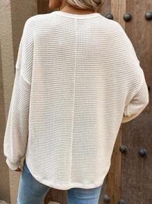 SHEIN LUNE 素色落肩袖口袋貼布華夫格編織T恤 - 杏色 - 查看 3