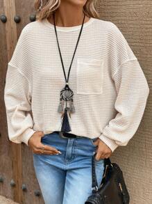 SHEIN LUNE 素色落肩袖口袋貼布華夫格編織T恤 - 杏色 - 查看 4