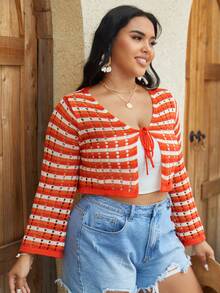 SHEIN VCAY Plus Plaid Pattern Tie Front Crop Cardigan - Multicolor - View 4