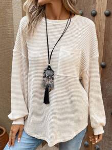 SHEIN LUNE 素色落肩袖口袋貼布華夫格編織T恤 - 杏色 - 查看 6