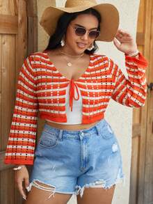 SHEIN VCAY Plus Plaid Pattern Tie Front Crop Cardigan - Multicolor - View 5