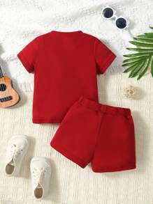 SHEIN Playful Pals 2pcs Baby Boy Casual All-Match Letter Graphic Round Neck Short Sleeve T-Shirt And Shorts Set, Versatile For Daily, Outdoor, School, Sports Wear, Spring/Summer - Burgundy - View 2