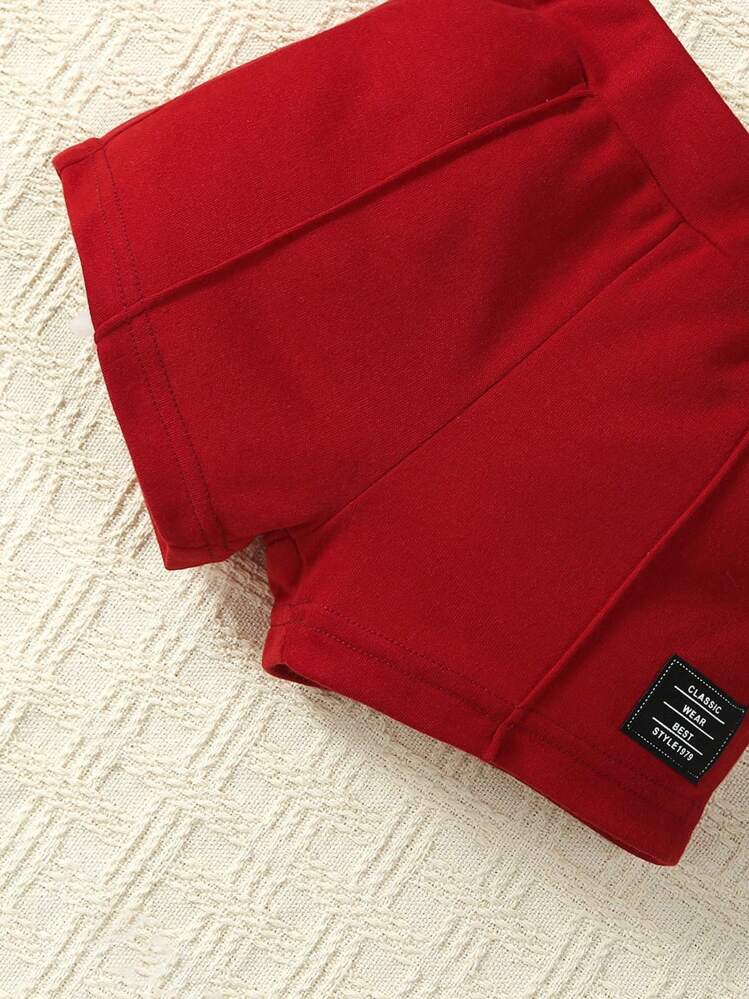 SHEIN Playful Pals 2pcs Baby Boy Casual All-Match Letter Graphic Round Neck Short Sleeve T-Shirt And Shorts Set, Versatile For Daily, Outdoor, School, Sports Wear, Spring/Summer - Burgundy - View 8