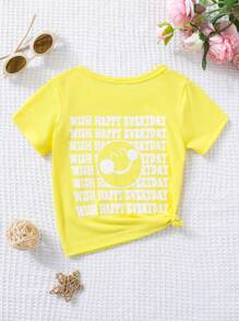 Baby Girl Slogan & Cartoon Face Print Tee - Yellow - View 1