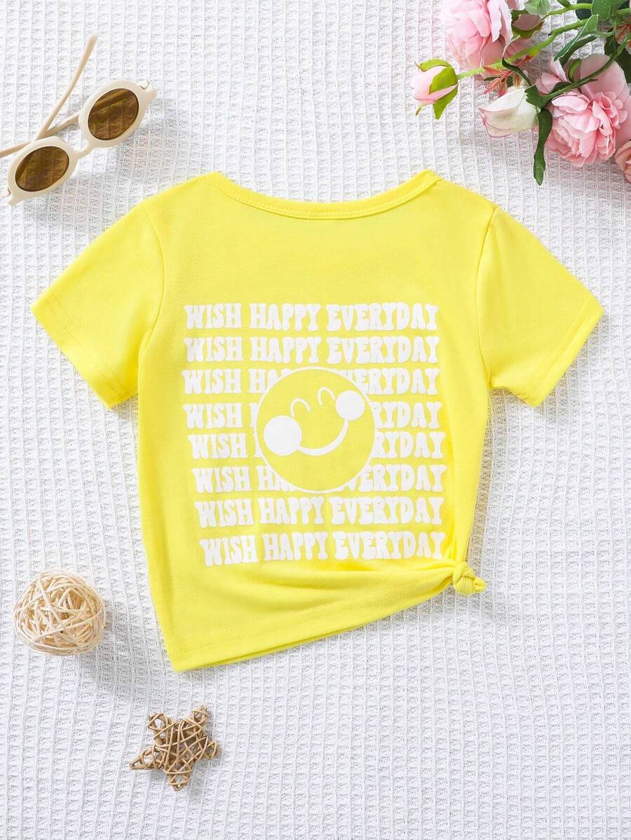 Baby Girl Slogan & Cartoon Face Print Tee - Yellow - View 1