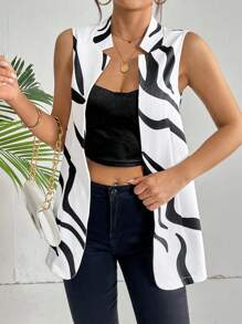 SHEIN Essnce 波浪線圖案開門襟馬甲西裝外套 - 白色 - 查看 2