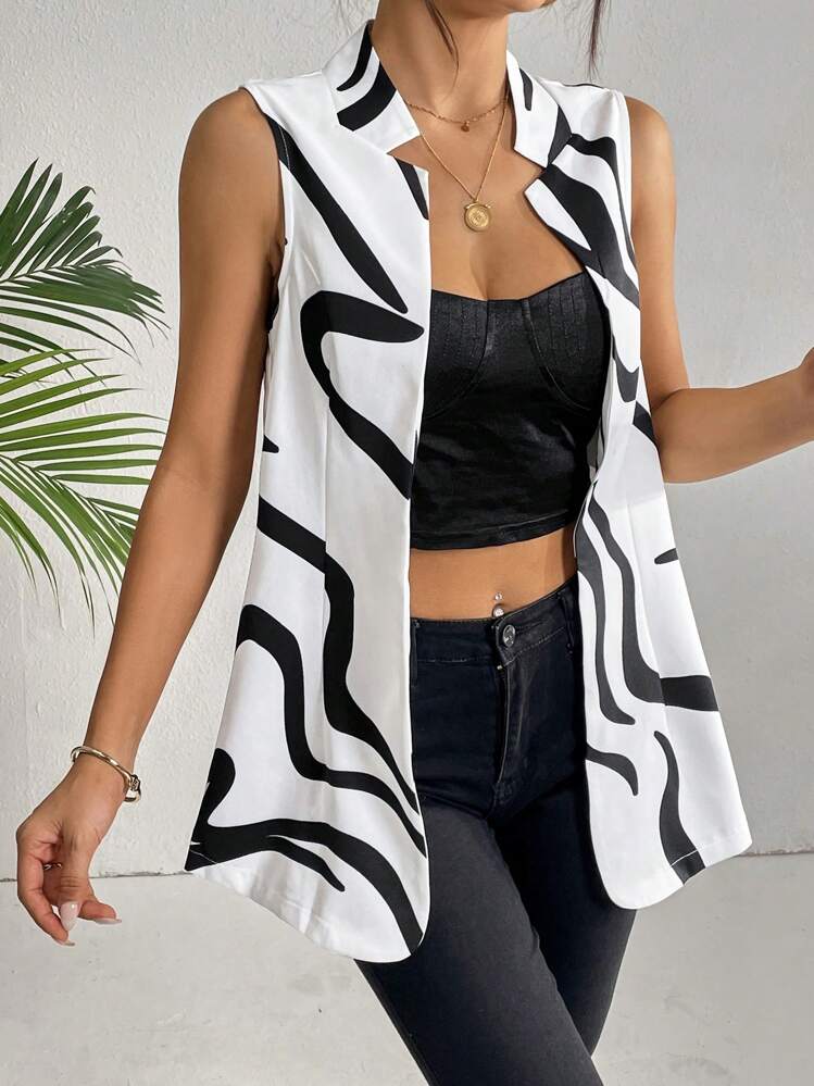 SHEIN Essnce 波浪線圖案開門襟馬甲西裝外套 - 白色 - 查看 1