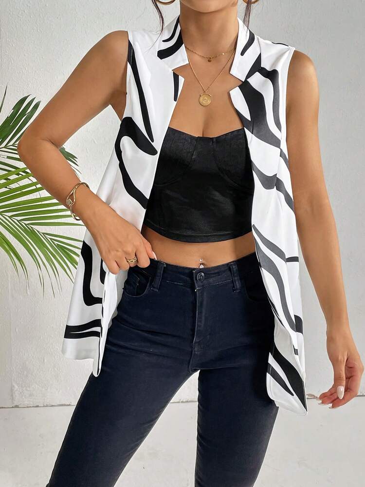 SHEIN Essnce 波浪線圖案開門襟馬甲西裝外套 - 白色 - 查看 4