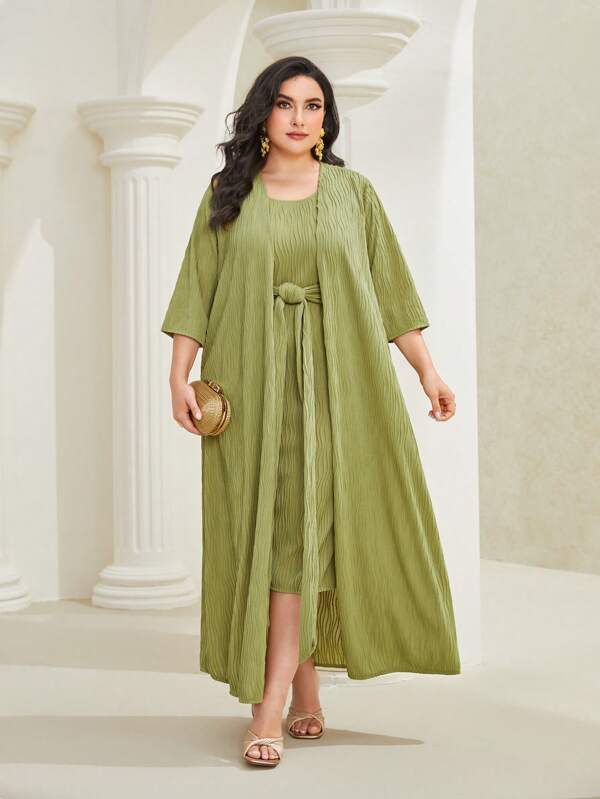 Al Najma Plus Solid Belted Dress & Open Front Coat