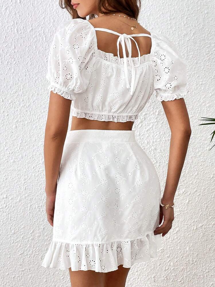 SHEIN VCAY Puff Sleeve Frill Trim Crop Top & Ruffle Hem Skirt - White - View 2