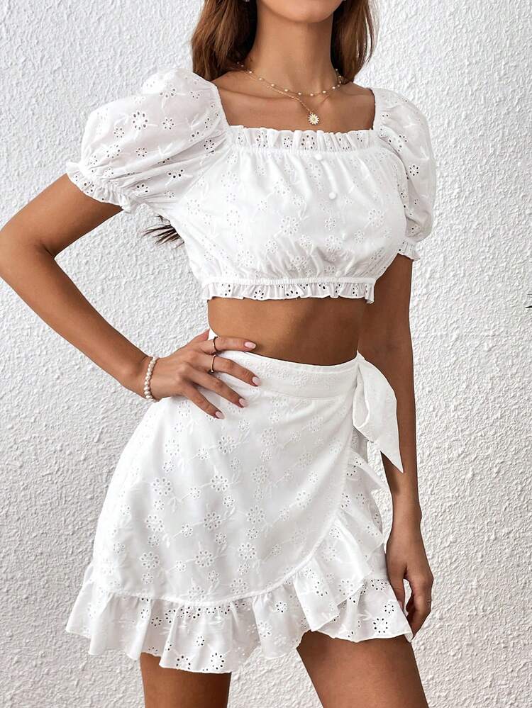 SHEIN VCAY Puff Sleeve Frill Trim Crop Top & Ruffle Hem Skirt - White - View 5