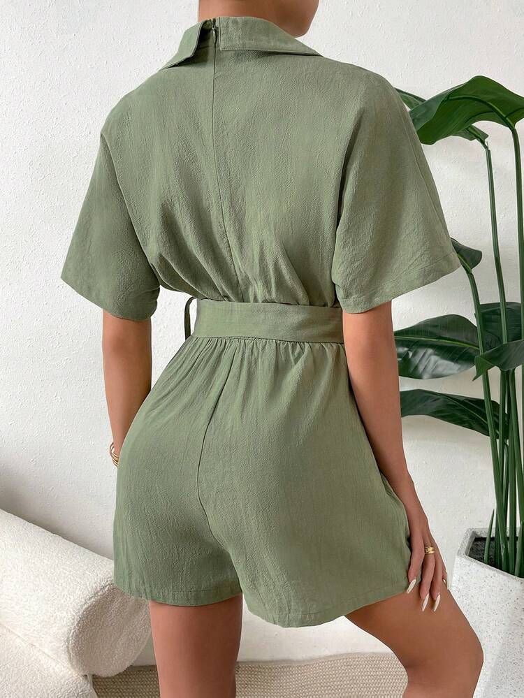 SHEIN Essnce 西裝領蝙蝠袖腰帶連身短褲 - 軍綠色 - 查看 2