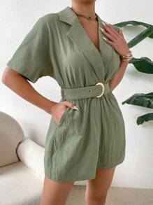 SHEIN Essnce 西裝領蝙蝠袖腰帶連身短褲 - 軍綠色 - 查看 4