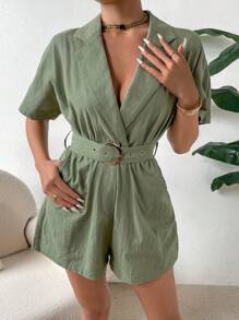 SHEIN Essnce 西裝領蝙蝠袖腰帶連身短褲 - 軍綠色 - 查看 5