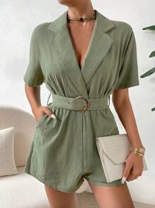 SHEIN Essnce 西裝領蝙蝠袖腰帶連身短褲 - 軍綠色 - 查看 6