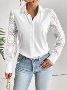 SHEIN Privé Lưới thêu tương phản Nút phía trước Áo sơ mi - trắng - Xem 3