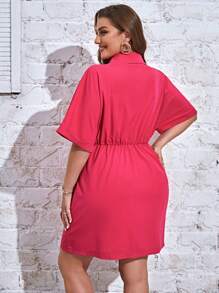 SHEIN Privé Plus Solid Button Front Batwing Sleeve Ruched Wrap Hem Dress - Hot Pink - View 2
