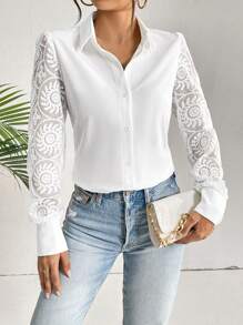 SHEIN Privé Lưới thêu tương phản Nút phía trước Áo sơ mi - trắng - Xem 1