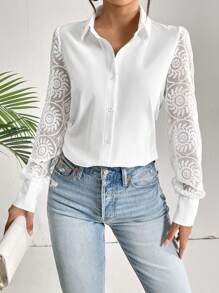 SHEIN Privé Lưới thêu tương phản Nút phía trước Áo sơ mi - trắng - Xem 4